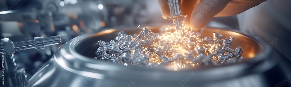 Poster a close-up of a hand placing a sparkling crystal into a metallic bowl, highlighting the precision an