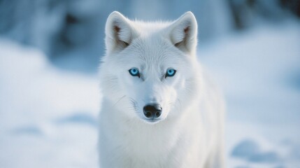 Obraz premium Beautiful wild white arctic wolf in cold snowy winter forest. Wolf pack in hunt. Wild hunter, dangerous animal in nature habitat. Wildlife scene