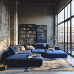 High ceiling industrial loft apartment with grey concrete and old bricks wall and tall  black frames glass windows blue sofa color theme  