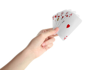 Poker game. Woman holding playing cards on white background, closeup