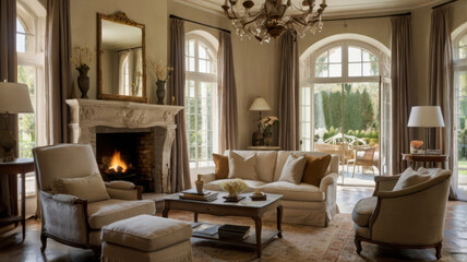 Inviting French country interior featuring elegant furniture, cozy fireplace, and large windows that bring in natural light, creating warm atmosphere