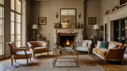 Fototapeta premium Elegant French country interior featuring cozy living room with fireplace, vintage furniture, and warm tones. inviting atmosphere is perfect for relaxation