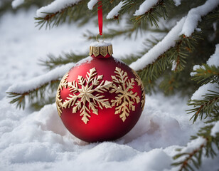 A festive red Christmas ornament with gold snowflakes, nestled in a bed of fresh snow beneath a snowy pine tree branch.