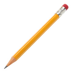 A single yellow pencil with a red eraser, angled,  isolated on a  transparent background