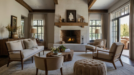 Fototapeta premium Serene modern living space featuring two armchairs, cozy fireplace, and natural light. warm tones and elegant decor create welcoming atmosphere