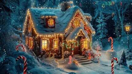 Fototapeta premium Santa's brightly lit house at the North Pole, decorated with