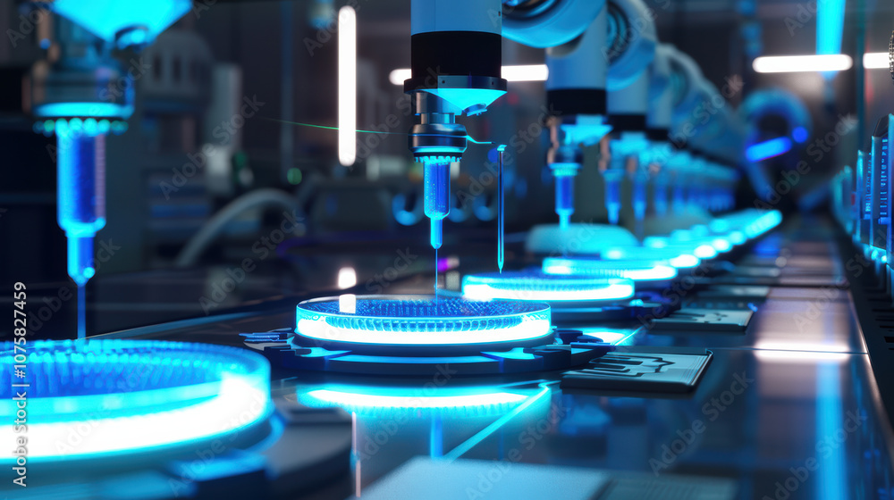 Poster futuristic lab scene with ai powered robots performing precise tasks. vibrant blue lighting enhances
