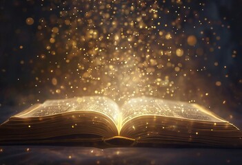 A book of magic in the dark. Dark surroundings. The concept that new ideas make life brighter