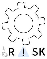 Gear cogwheel with exclamation mark inside triangle, falling coin, and RISK text. Ideal for risk management, finance, engineering, business, operations strategy. Line metaphor