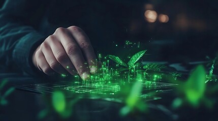 A hand interacts with glowing green plants, symbolizing the fusion of technology and nature in a digital landscape.
