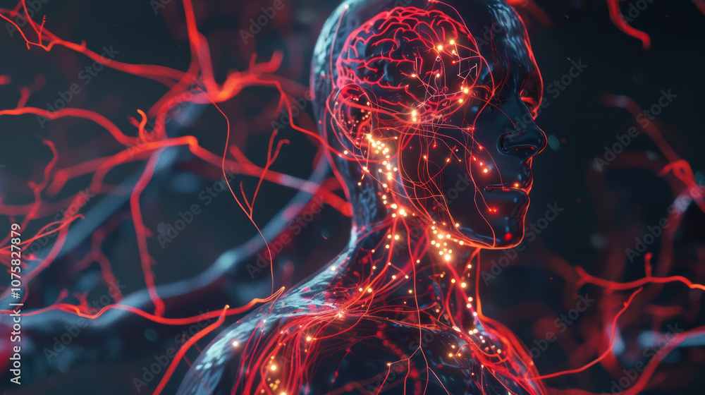 Poster detailed visualization of human nervous system, showcasing brain and neural pathways illuminated in 