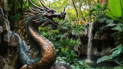 A majestic bronze dragon emerges from the lush greenery of a vibrant tropical forest. Its intricate scales shimmer in the dappled sunlight filtering through the dense canopy above. 