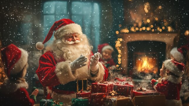 Santa's magical workshop at the North Pole, with snowflakes