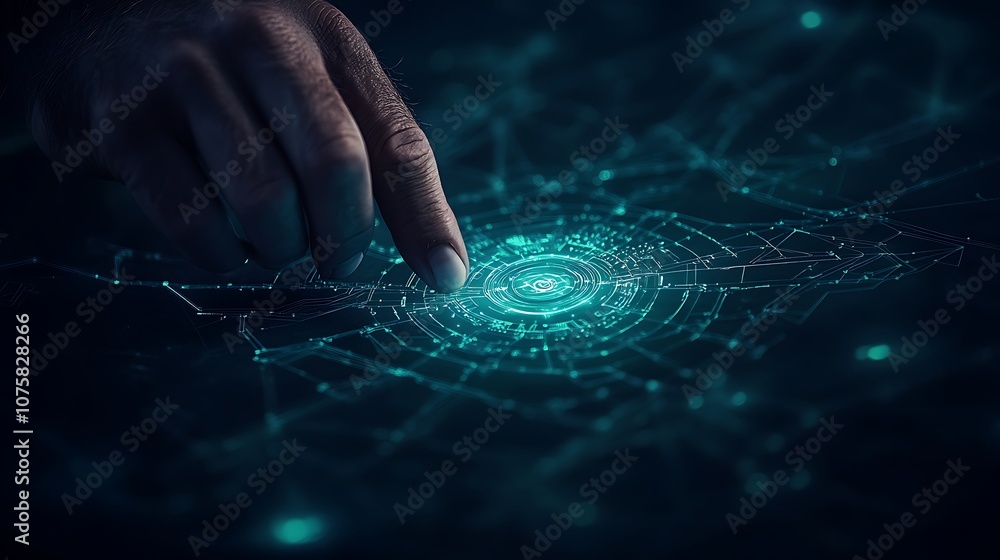 Leinwandbilder A hand reaches out to touch a luminescent, digital network, symbolizing interaction with technology and data.