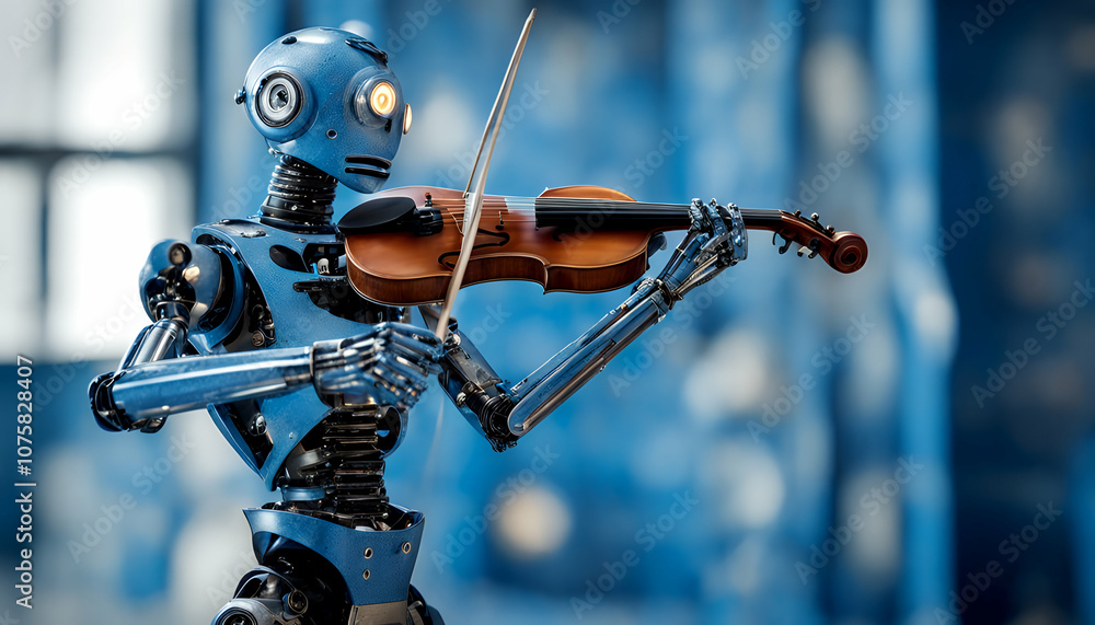 Poster playing advanced engineering technology mechanism harmony out violinist artificial standing plastic 