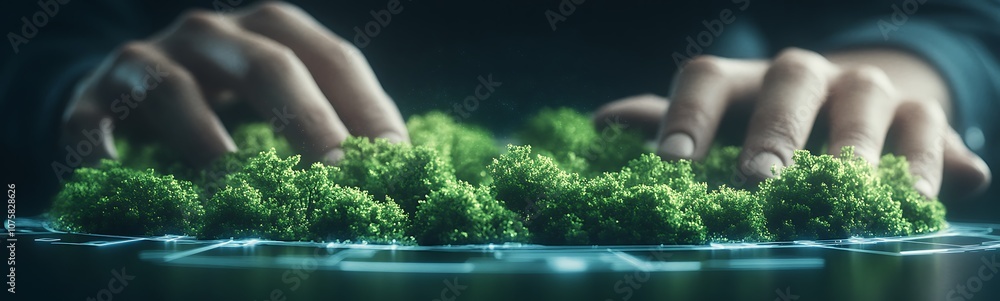Poster the image shows hands gently interacting with lush green moss, evoking a sense of tranquility and co