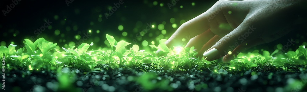 Poster a hand gently touches vibrant green plants, illuminated by soft light, creating a serene and refresh