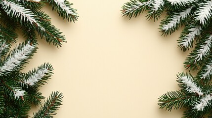 Festive Christmas Background Snow Covered Pine Branches on Beige