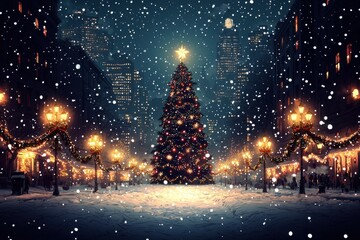 Obraz premium Snowy City Christmas Eve Festive Holiday Scene