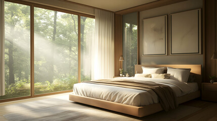 Modern bedroom with large windows overlooking a lush forest.