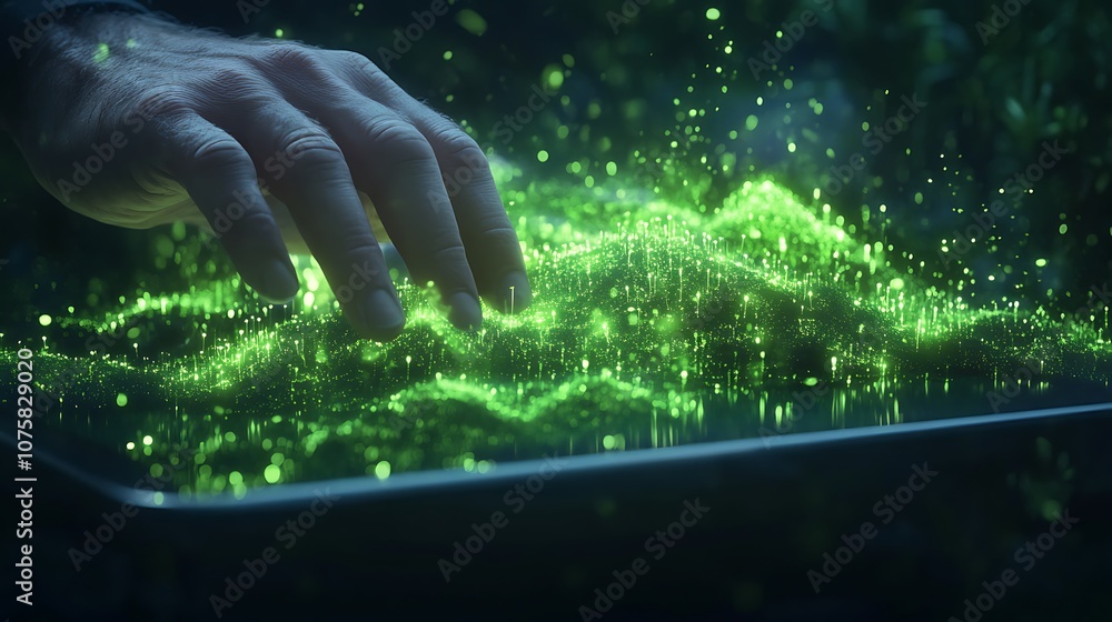 Poster A glowing hand interacts with vibrant, green data visualizations, creating a sense of innovation and technology in an ethereal environment.