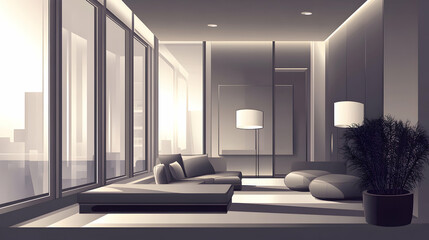 Modern living room with large windows, city view, and minimalist furniture.