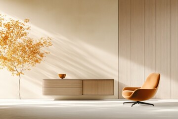 Contemporary Living Room with Sideboard and Armchair on Wooden Paneling Wall - 3D Rendered Home Design