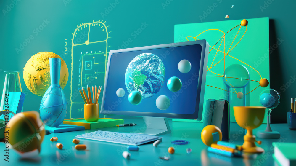 Poster vibrant digital workspace featuring computer displaying earth, surrounded by scientific elements lik