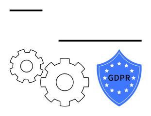 Two interconnected gears next to a blue GDPR shield symbol. Ideal for data security, compliance, regulations, data protection, legal matters, IT systems, and privacy policies. Line metaphor