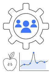 Gear with user icons apple and data chart. Ideal for teamwork, productivity, health, analytics, growth, data-driven decisions, wellness. Line metaphor