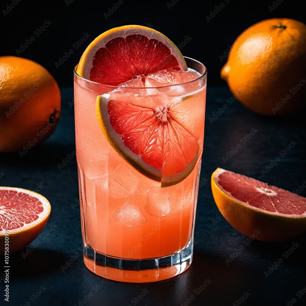 Poster refreshing grapefruit cocktail with ice and fresh slices on dark background