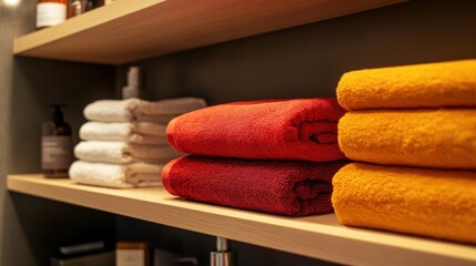 Warm, luxurious bathroom shelves with stacks of terry