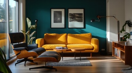 Yellow sofa and armchair near a teal accent wall, Scandinavian