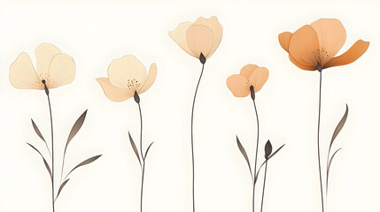 Six delicate, stylized flowers in shades of orange and yellow against a white background.