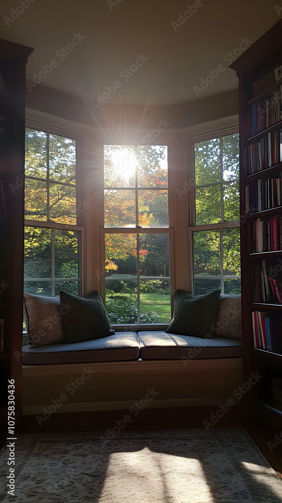 Poster sun shining through window on a comfortable window seat.