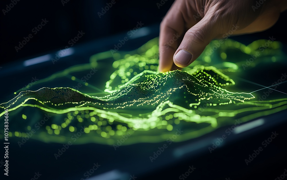 Poster A hand interacts with a vibrant, illuminated digital landscape, showcasing a 3D representation of data through glowing points and fluid contours.