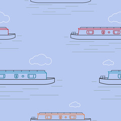 Editable Various Colors Side View Outline Narrow Boat Vector Illustration with Clouds Seamless Pattern for Creating Background of Recreation Transportation of United Kingdom or Europe Related Design