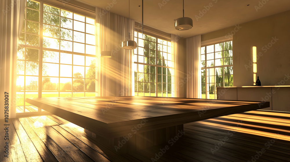 Aufkleber sunlight streams through large windows illuminating a modern dining room with a large wooden table a