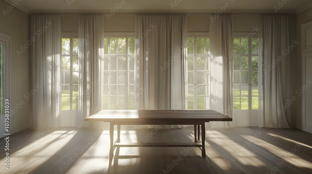 Poster sunlight streams through large windows in an empty room with a wooden table in the center.