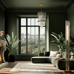 airy  apartment suite lobby lounge in luxury classic style apartment high ceiling molding with light from the clear glass windows white neutral  and vintage green sofa   theme