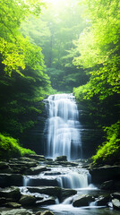 Obraz premium Tranquil waterfall cascading through lush green forest.