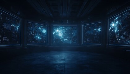 A dark, futuristic room featuring glowing blue panels, suggesting high-tech or sci-fi elements in a sleek environment.