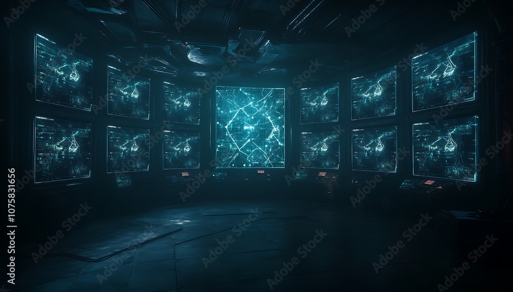 Poster A dimly lit room filled with multiple screens displaying intricate blue patterns and digital designs, creating a futuristic and immersive atmosphere.