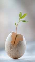 Plant sprout growing from egg shell, symbol of new life and growth