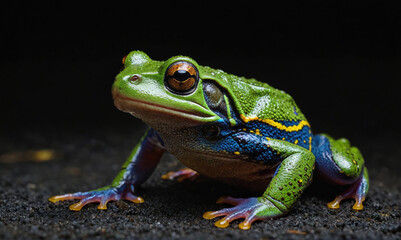 A bright green frog with blue and yellow markings sits on black ground