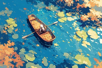 Fototapeta premium Abandoned wooden rowboat half-submerged at the edge of a calm pond, surrounded by reeds and water lilies amid floating autumn leaves