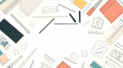 White background with scattered stationery, office supplies, and tools.