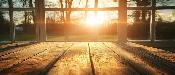 Fototapeta premium Wooden table with sunset view through window.