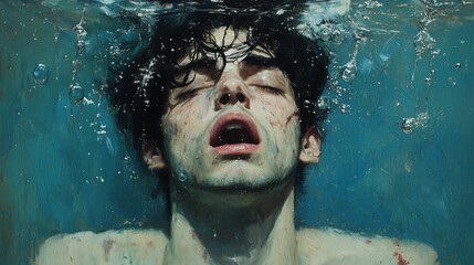 Artistic portrayal of a man gasping for air underwater