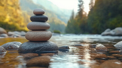 Individual stacking stones beside a mountain river, focusing on balance and harmony with nature: Their five-fingered hands are visible as they adjust the stones, with the sound of